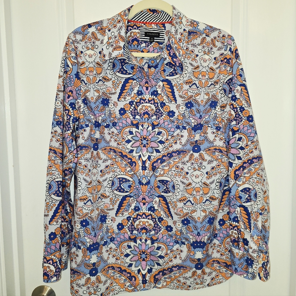 Talbots Paisley Button Down Shirt Orange Blue Print Fall Classic Medium
